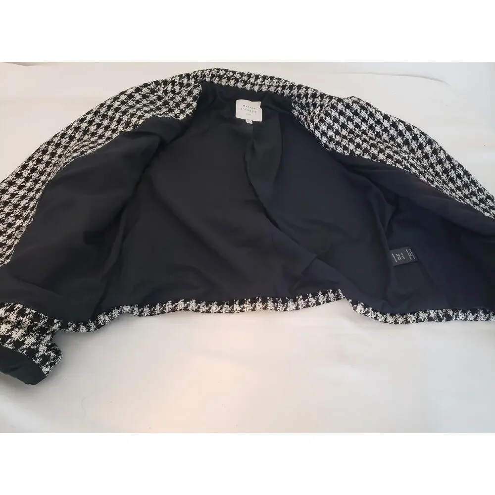 Vintage Blazer Suit Jacket Womens 12 Black White Houndstooth Cropped Tweed Paris - Picture 13 of 16